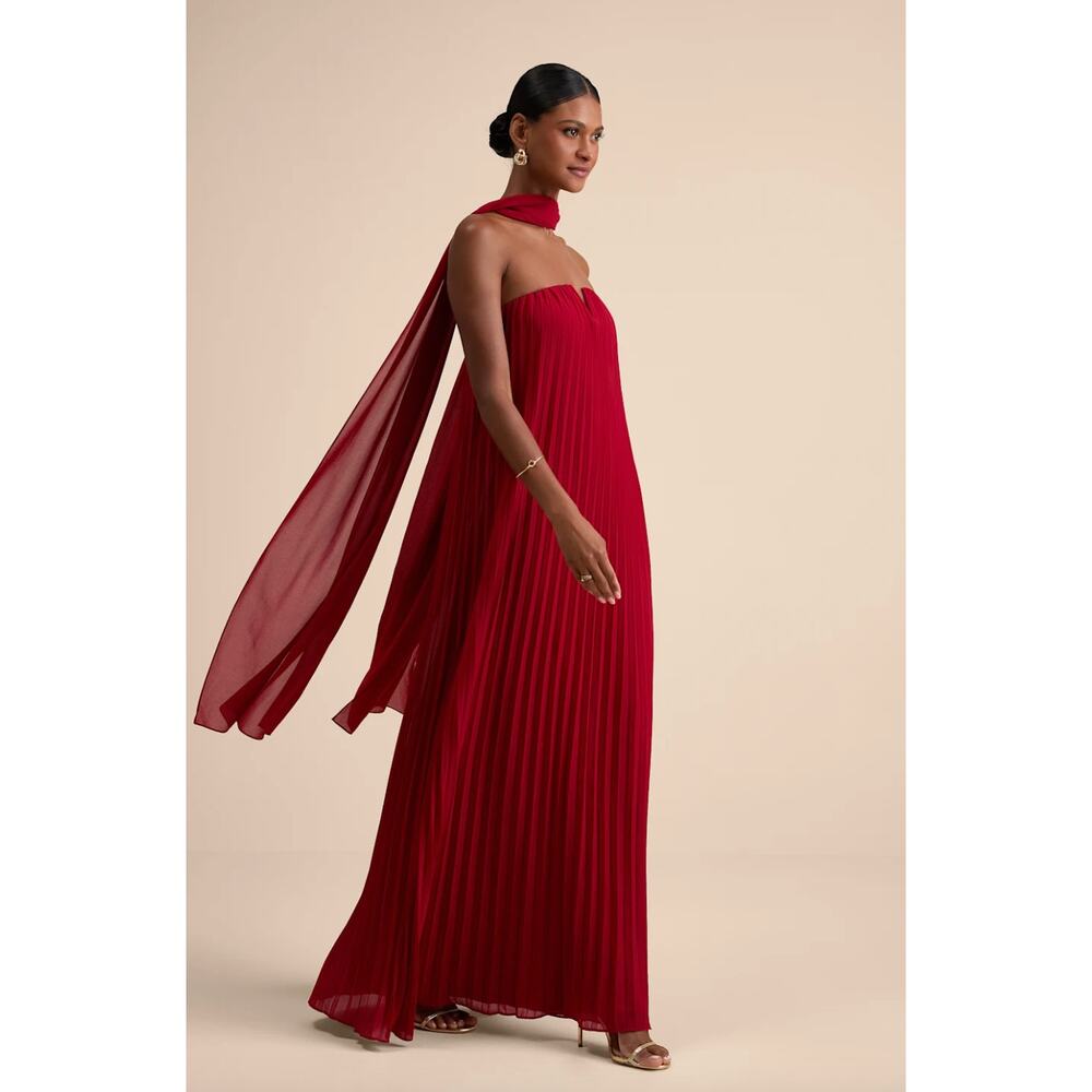 Lulu's Red Pleated Strapless Maxi Dress with Scarf